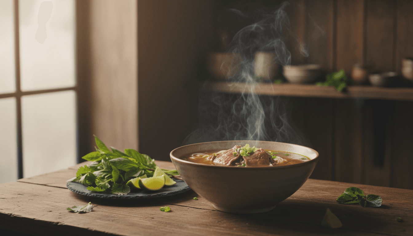 A steaming bowl of beef pho with fresh herbs on a wooden table